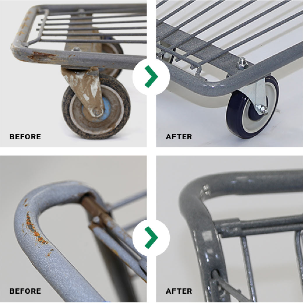 before and after photos of shopping carts that have been refurbished